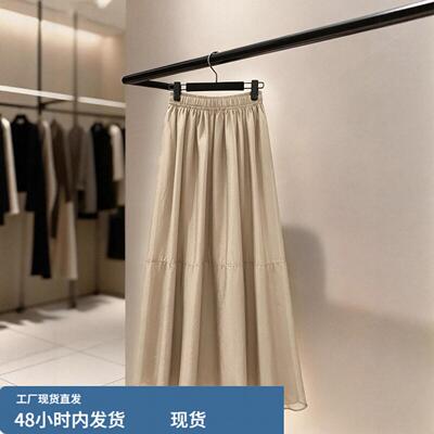 欧根沙百褶半身裙女2026新款高腰显瘦百搭A字大摆垂坠感中长裙子