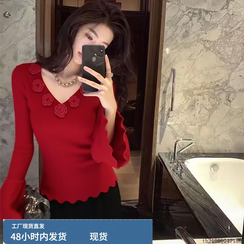 超火减龄独特超好看单穿上衣小众不撞款韩系红色立体花朵针织衫秋