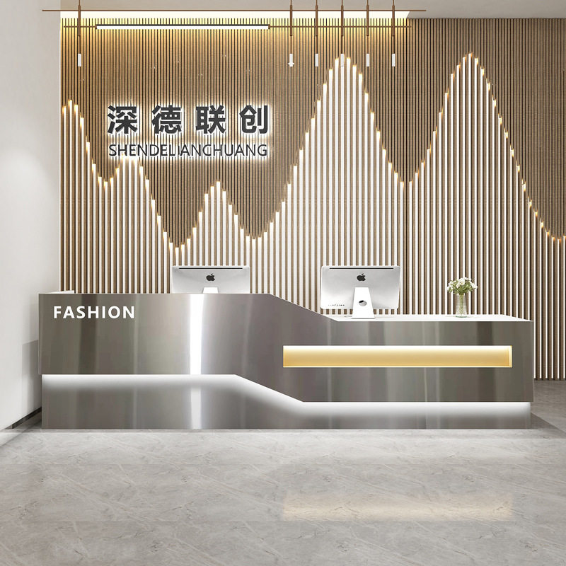 简约现代不锈钢公司前台桌接待台酒店大气白吧台美容院收银台柜台