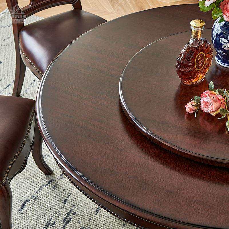 美式乡村实木圆桌转盘圆形饭桌家用复古全实木圆桌转盘帝罗堡家具