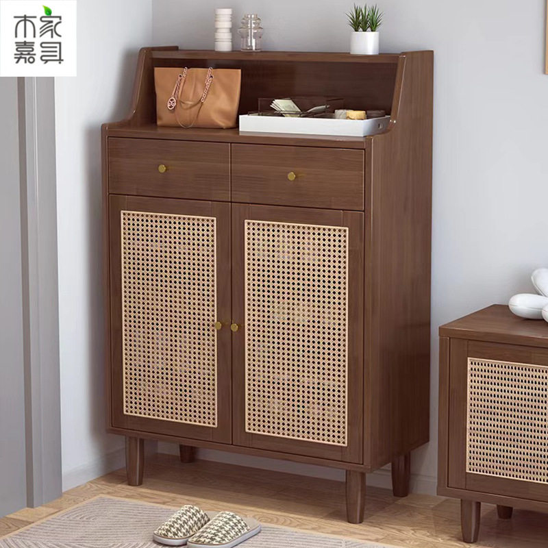 实木鞋柜客厅入户置物鞋架家用门口收纳储物柜印尼藤编透气玄关柜