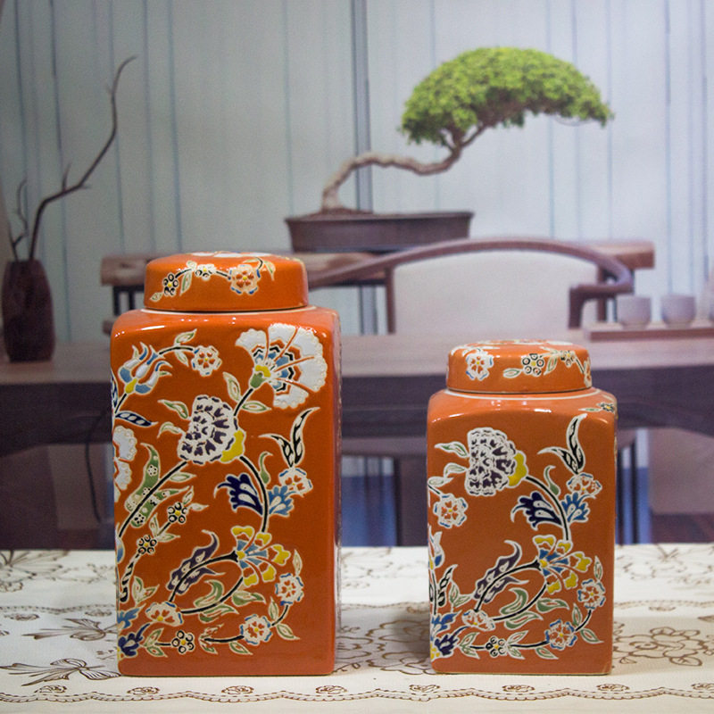 新中式家居客厅摆件家用储物四方罐简约干花插花软装饰品陶瓷罐子