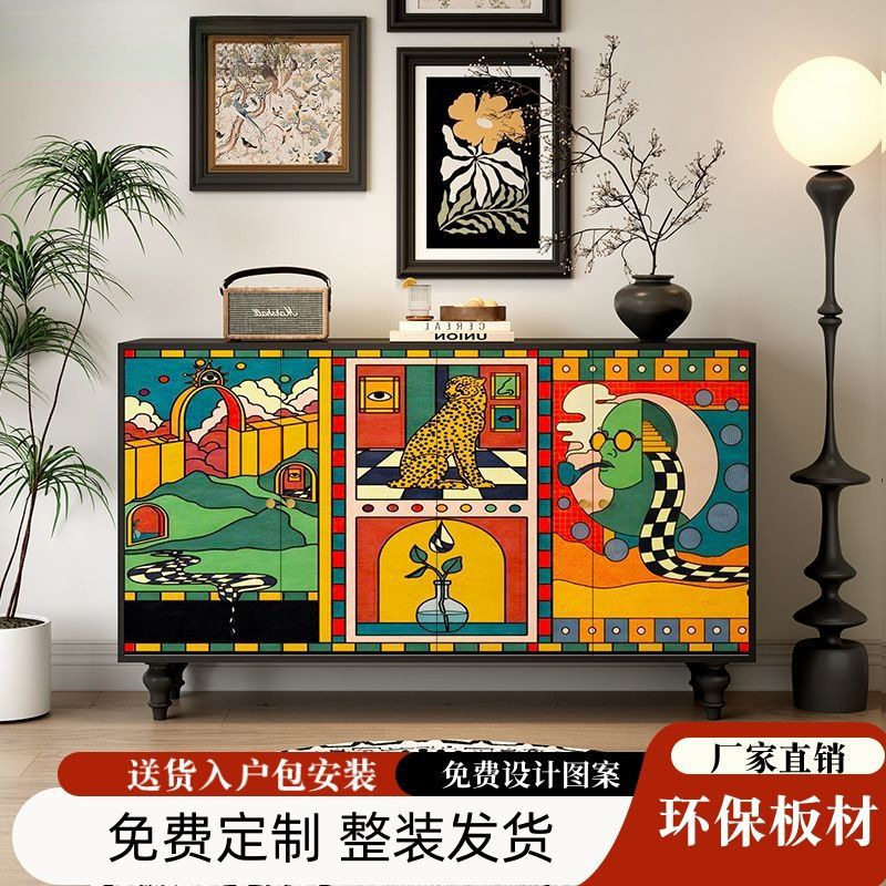 2025新款法式抽象玄关柜彩绘实木批发餐边柜客厅民宿收纳柜鞋柜