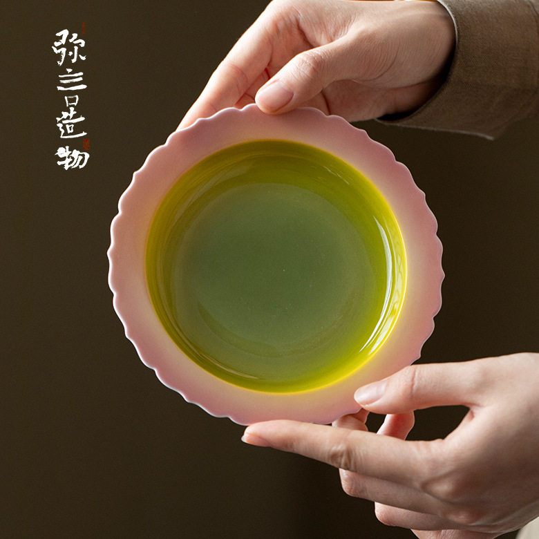 弥言创意渐变色壶承手工陶瓷花口干泡盘家用圆形茶台盖碗茶壶垫子