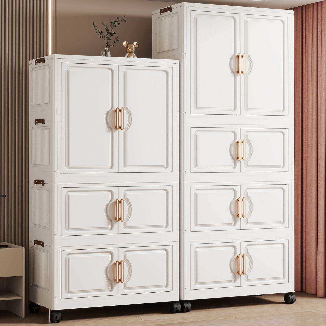 折叠收纳柜免安装大容量儿童衣柜对开门杂物储物柜简约带轮置物柜