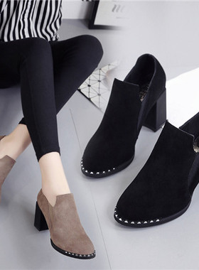 圆头粗跟黑色秋冬季加绒q深口单鞋时尚裸靴短靴高跟鞋女鞋33大码4