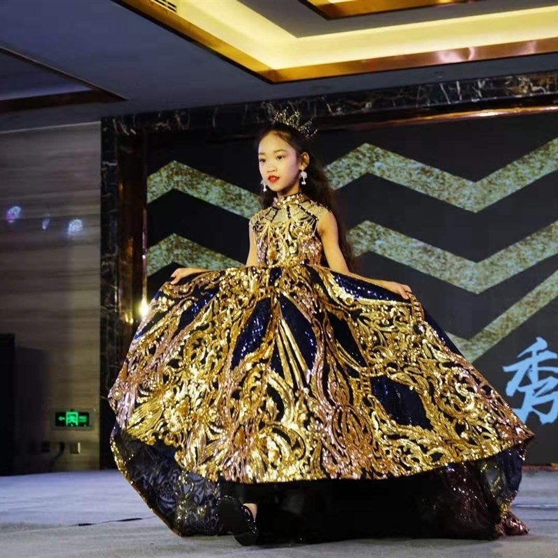 2021新款女童钢琴表演服高端亮片洋气女孩婚礼走秀主持人生日礼服