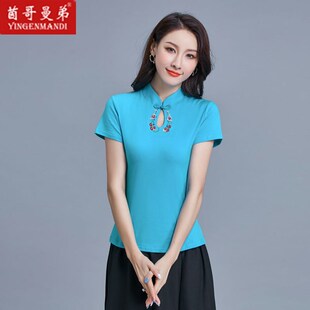 2023春夏新款民族风绣花纯棉短袖T恤女中国风T恤复S古盘扣大尺码