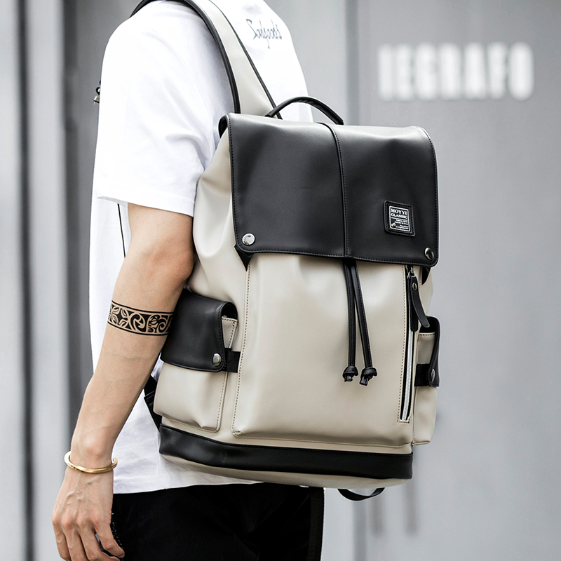 时尚双肩包男士新款大学生书包皮质背包男大容量电脑包户外旅行包