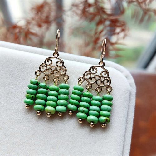 天然蒙古绿松耳环稀有蓝绿珠宝耳坠简约小众设计中式气质流苏耳饰