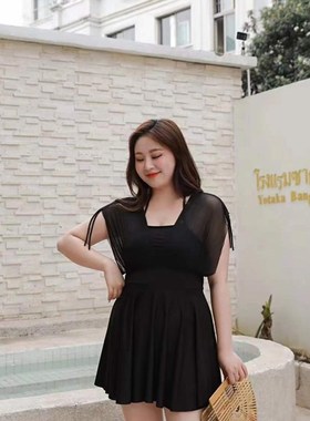 大码泳衣36066女胖mm200斤纯黑色遮肚显瘦宽松保守W裙式加肥加大