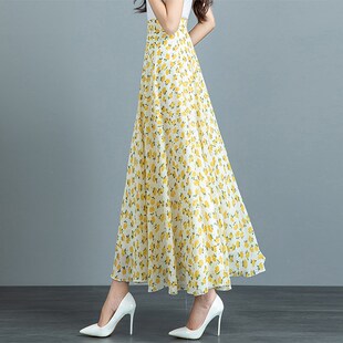 雪纺纱半身裙女夏季新款碎花A字裙垂感百K搭高腰长裙大码大摆舞裙