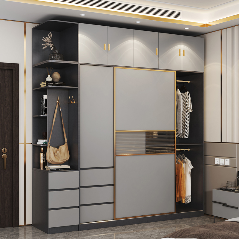 意式轻奢推拉门带开门衣柜组合现代家用卧室移门衣柜灰色大衣橱