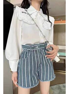 小众设计感衬衫花苞竖条纹短裤套装2024年夏季新款甜美显瘦两件套
