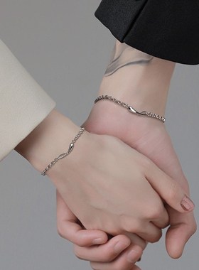 情侣手链女一对情侣款定制刻字小众简约银素链情人节礼物送男朋友