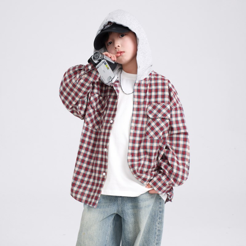 男童春秋潮酷拼接连帽格子衬衫外套2025新款儿童男孩春季宽松上衣