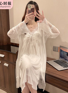 很仙的睡衣女春秋季长袖网纱睡袍纯棉夏季家居服胸垫吊带睡裙白色