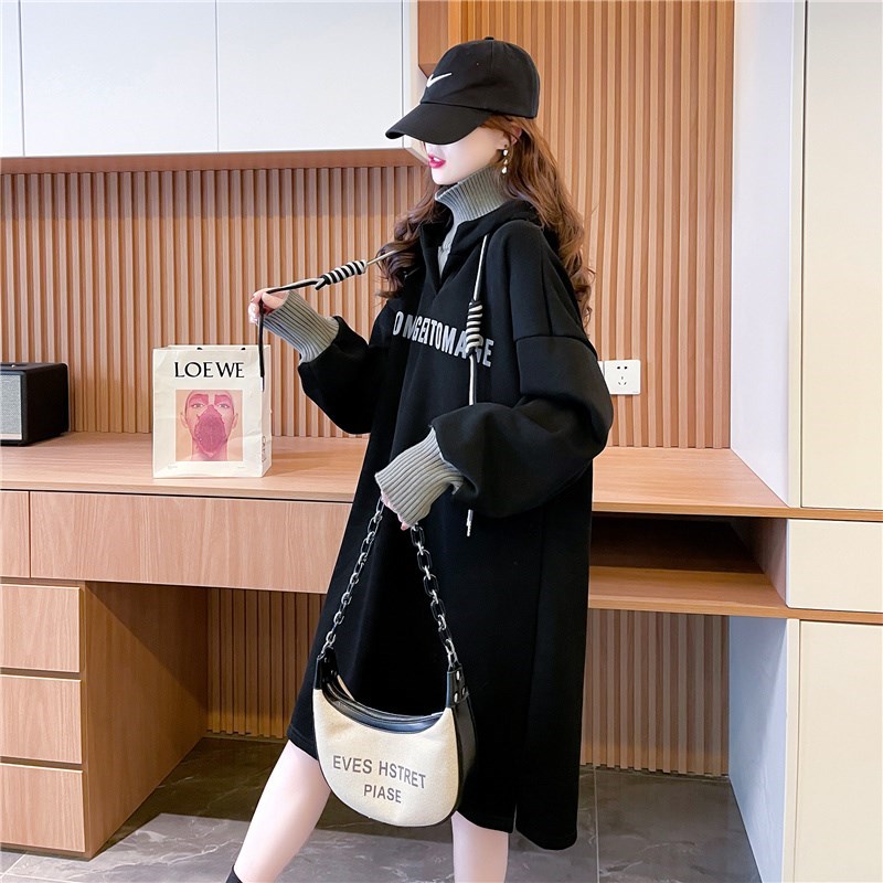 秋冬大码300斤胖妹妹长款假两件卫衣女高领宽松加绒加厚连衣裙240