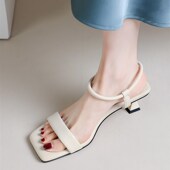 踩屎感凉鞋 女夏天中跟百搭配裙 B一字带高跟鞋 羊皮2024年夏季 新款