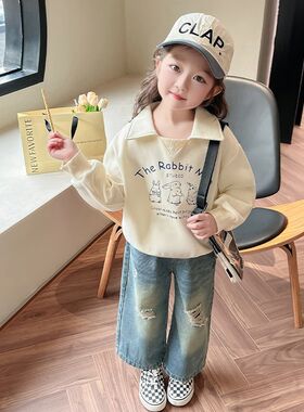 女童破洞裤子f春秋2024新款儿童韩版日系M牛仔裤中小童直筒阔腿裤