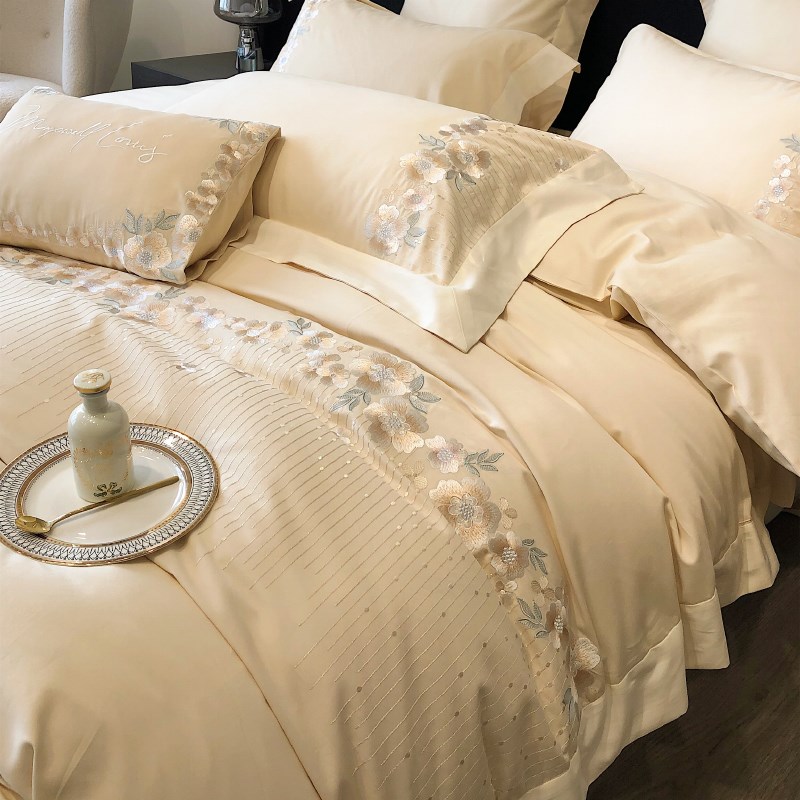 秋冬季简约风50支全棉磨毛四件A套小清新花卉刺绣保暖被套床上用