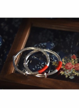 【檀岛】童趣儿童款 纯手工宝宝银手镯999纯银实心推拉满月周岁礼