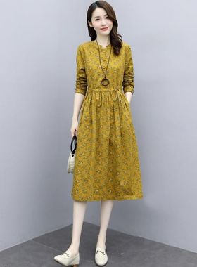 碎花棉麻连衣裙中长款202u4春秋新款气质显瘦长袖轻熟风妈妈装裙