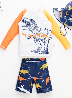 男宝泳衣2岁宝宝海边长袖防晒速干游泳衣套装恐龙小朋友橙色泳装