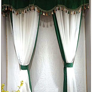 美式客厅窗帘美式乡村客厅纱帘y半透纱帘透光不透人窗帘墨绿色窗