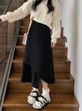 黑色松紧腰毛呢半身裙女春秋大x码胖mm中长款高腰a字梨形身材裙子