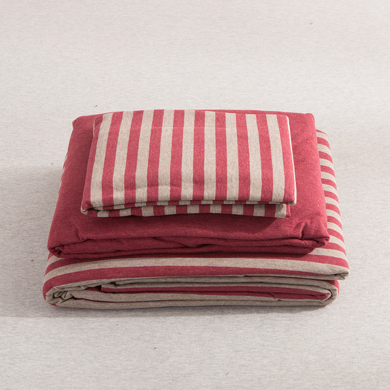 日式裸睡天竺棉酒红条纹柔软针织棉全棉四件套纯棉被套床单床笠式