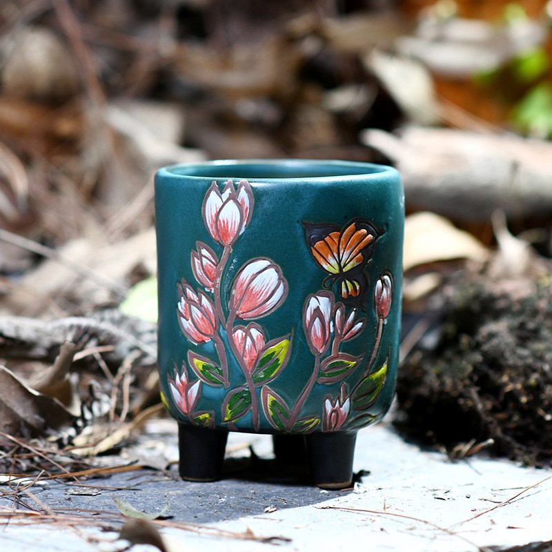 创意手绘多肉花盆日式韩式个性y粗陶素烧陶瓷仿古透气植物盆器老