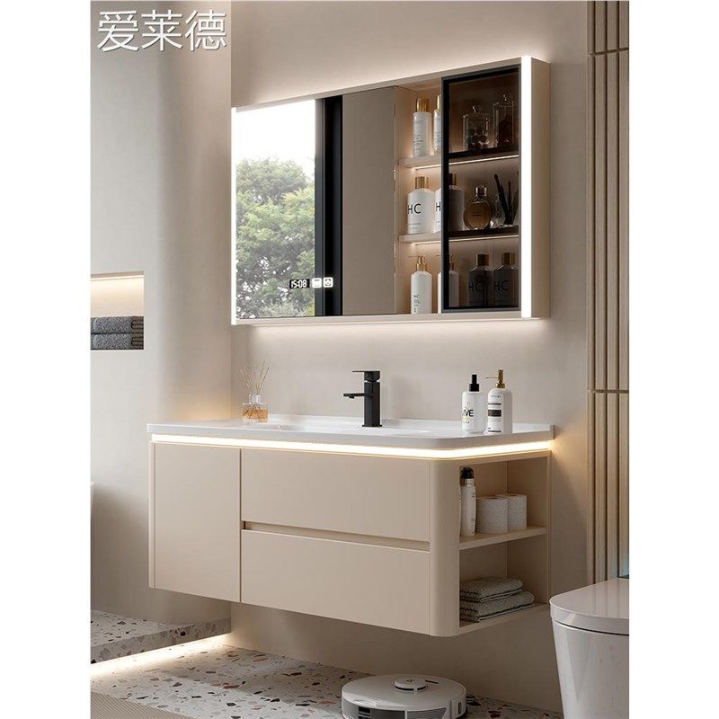 奶油风陶瓷一体盆圆角浴室柜组合卫生间洗漱台洗手池洗脸盆洗面柜