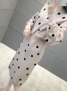 中长款毛衣裙过膝20p23新款时尚波点长裙子女秋冬季宽松针织连衣