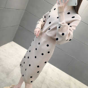中长款毛衣裙过膝20p23新款时尚波点长裙子女秋冬季宽松针织连衣