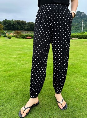 凉感冰丝波点束脚j裤加大码女装200斤胖mm高腰显瘦小脚防蚊长裤子