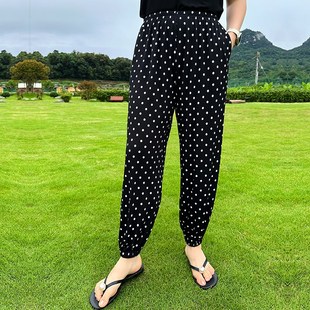 凉感冰丝波点束脚j裤加大码女装200斤胖mm高腰显瘦小脚防蚊长裤子