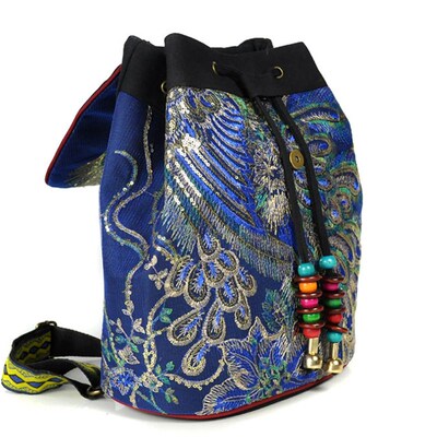 送中老年人女妈妈婆婆奶奶民族风刺绣花帆布双肩背包出门旅行袋子