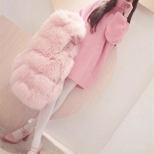 高领打底毛衣裙女内n搭秋冬粉色宽松外穿网红套头慵懒风中长款洋