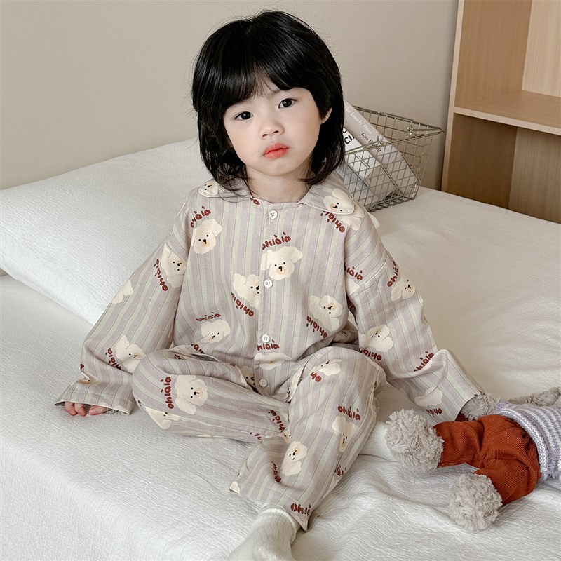 儿童睡衣A类纯棉春秋款男孩翻领长袖家居服柔软透气女童睡衣套装