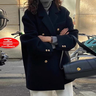 黑色毛呢西装外套女宽松休闲加厚秋冬今年流行高级感羊Y毛呢子大