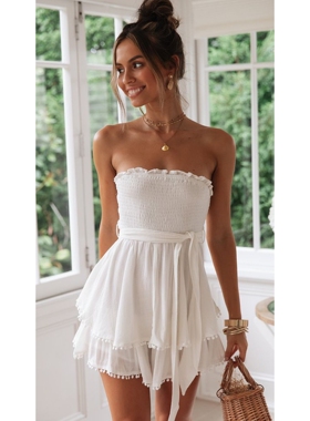 2020夏季新款系带裹胸连衣裙 亚马逊性感荷叶边短裙女装一代