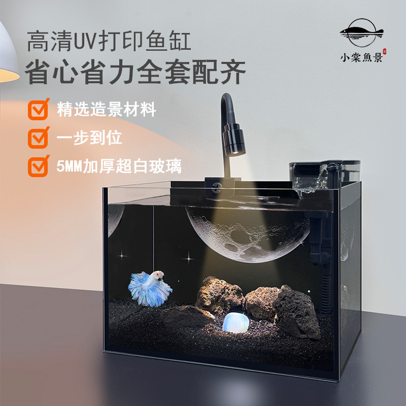 暗黑系鱼缸小型客厅星空创意造景斗鱼缸桌面超白玻璃免换水小鱼缸