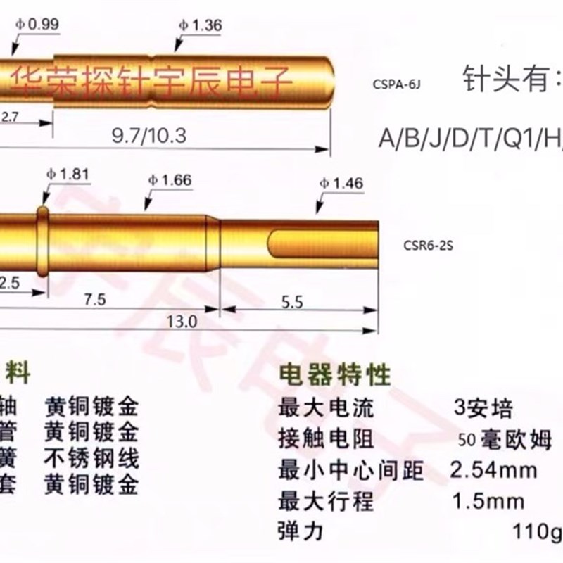 测试探针套CSR6-2S/CSR-2S 1.7短F针套 R6-2S探针座 总长13mm