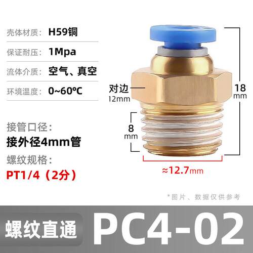 气管快速接头气动快插螺纹直通PC8-02/10-02气源工具元件PL弯头外