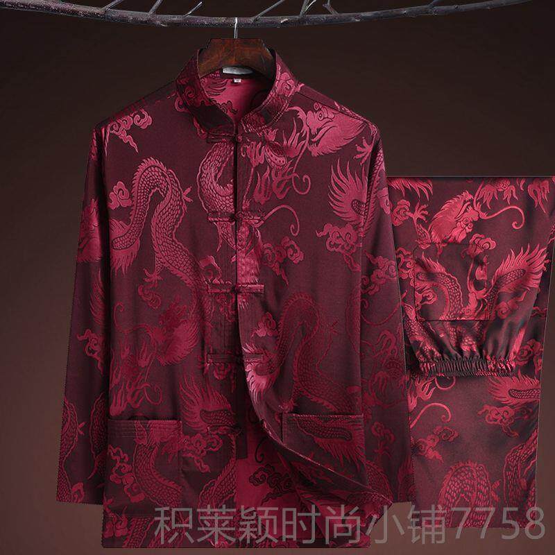 正品唐人装冰装丝男袖套装中老年汉服夏季爸爸男中短国风老爷爷太