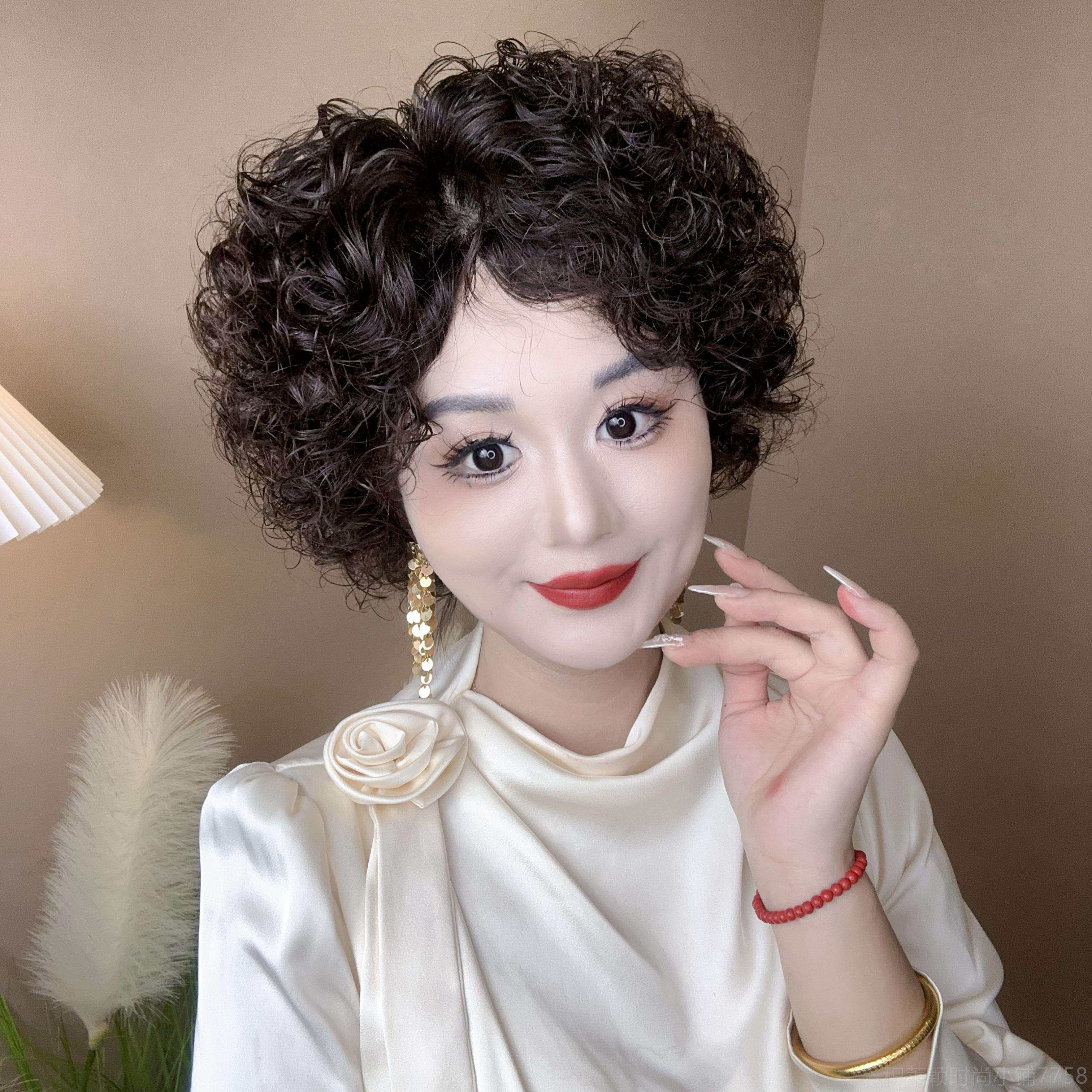 正品松假发女气短发全手织羊毛卷女士整顶假发