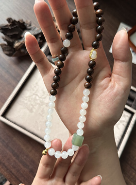 原创设计天然和田玉白玉8mm手链设计款沉香S925银新中式手串