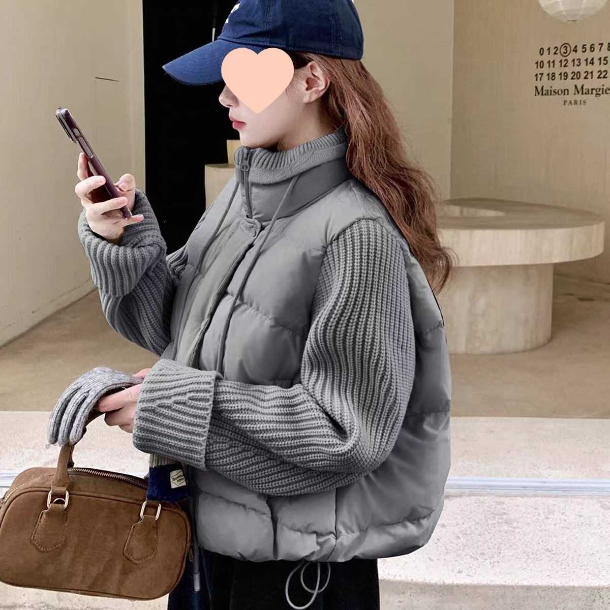 实拍羽绒棉服女短款简约宽松大码2026拼接针织袖轻薄外套棉衣灰色