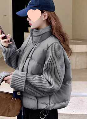 实拍羽绒棉服女短款简约宽松大码2026拼接针织袖轻薄外套棉衣灰色